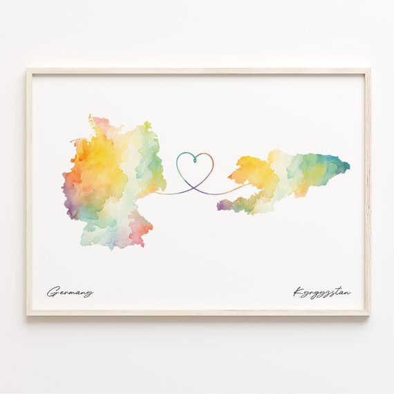 Germany to Kyrgyzstan Watercolor Heart Map Long Distance Poster