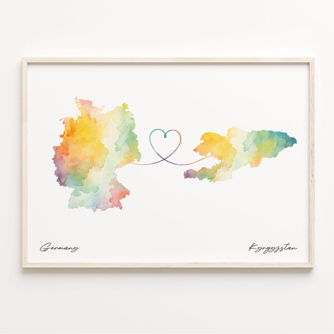 Germany to Kyrgyzstan Watercolor Heart Map Long Distance Poster