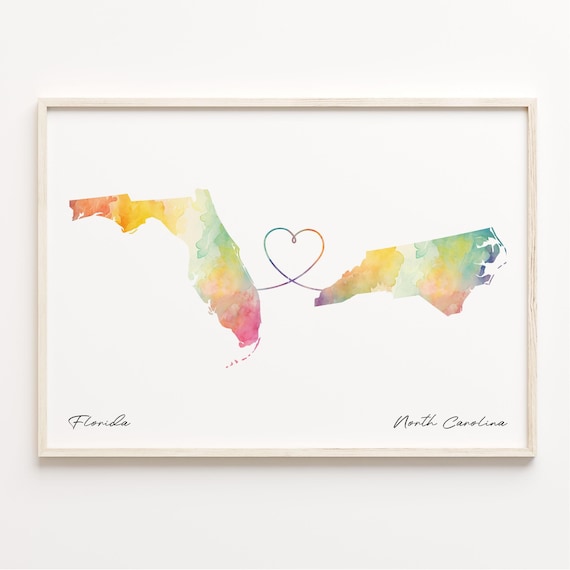 Florida To North Carolina Watercolor Map Heart Long Distance Love Poster