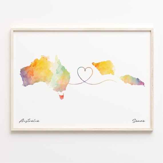 Australia To Samoa Watercolor Map Heart Connection Gift Poster