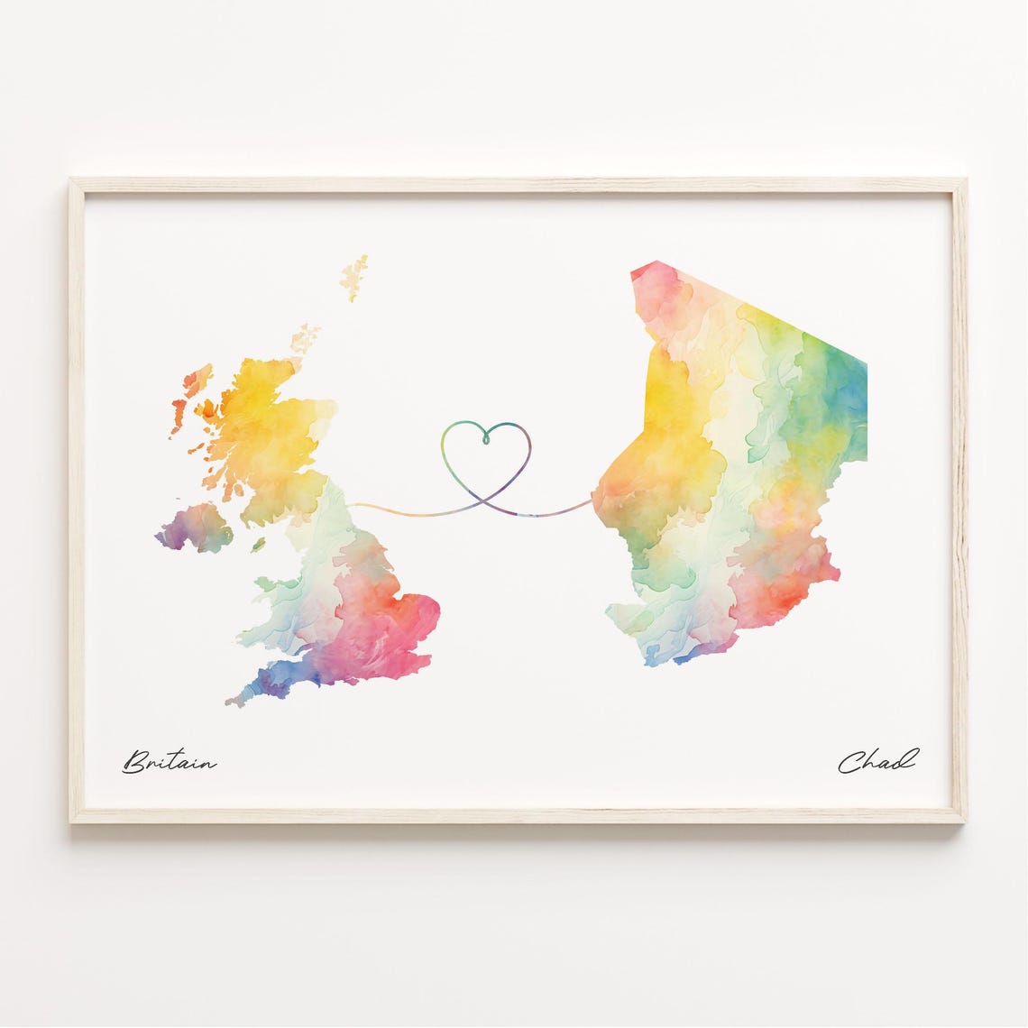 Britain to Chad Watercolor Heart Map Long Distance Love Print
