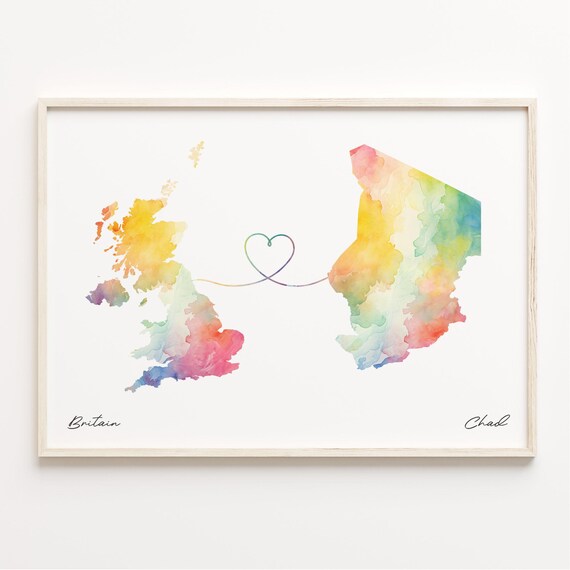 Britain to Chad Watercolor Heart Map Long Distance Love Print