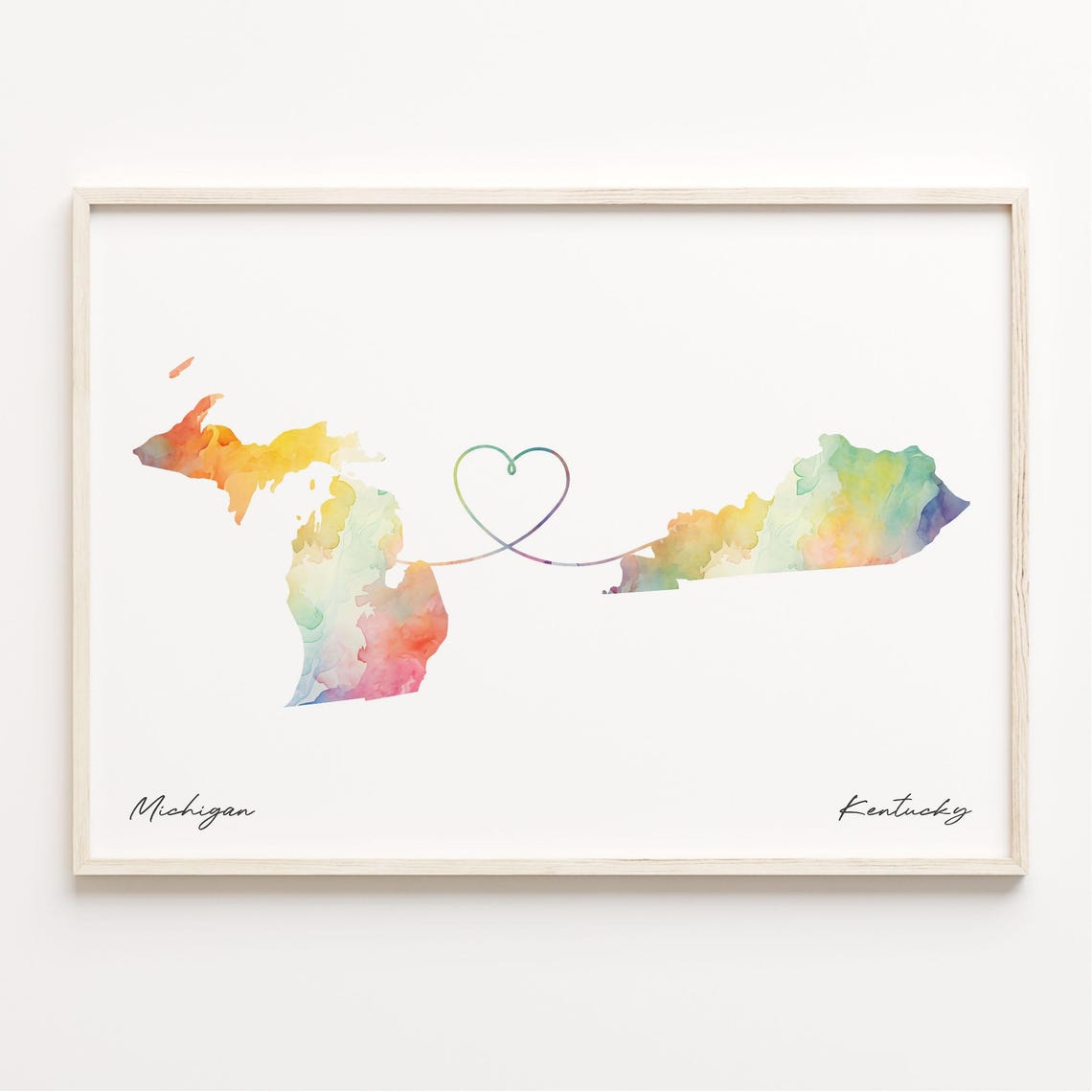 Michigan to Kentucky Watercolor Long Distance Love Map Poster