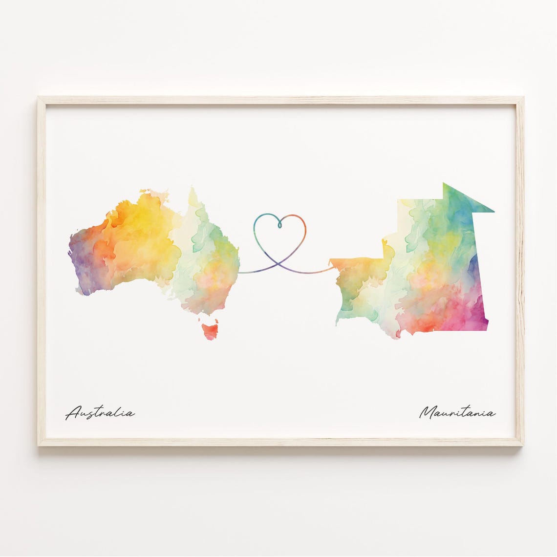 Australia To Mauritania Long Distance Love Watercolor Map Print