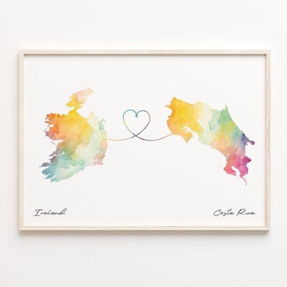 Ireland to Costa Rica Watercolor Map Heart Connection Travel Poster