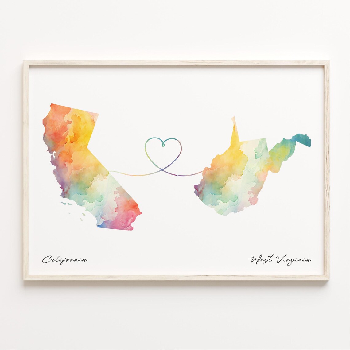 California to West Virginia Watercolor Map Heart Print Long Distance Love