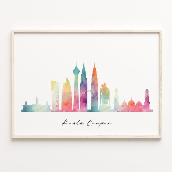 Kuala Lumpur Malaysia Watercolor Skyline Cityscape Travel Poster