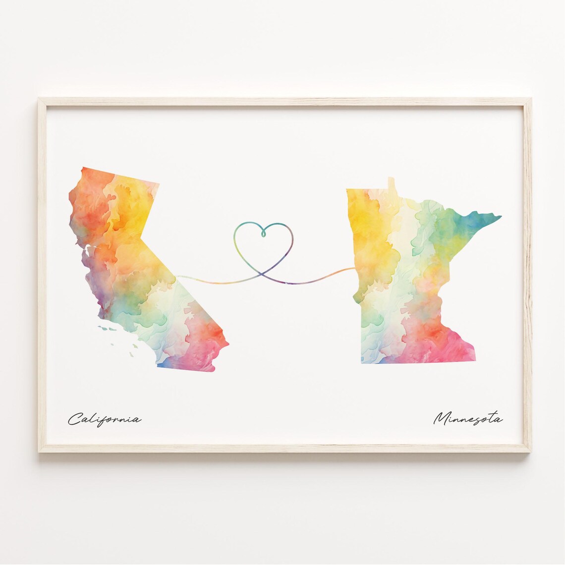 California To Minnesota Watercolor Heart Map Long Distance Love Print