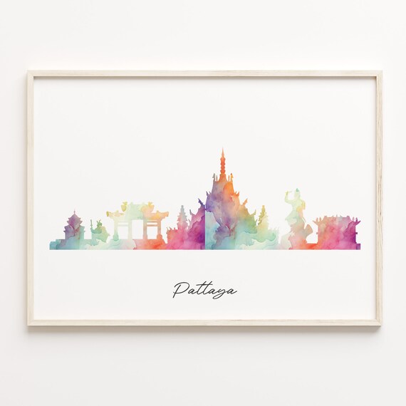 Pattaya Thailand Rainbow Watercolor Skyline Cityscape Travel Poster