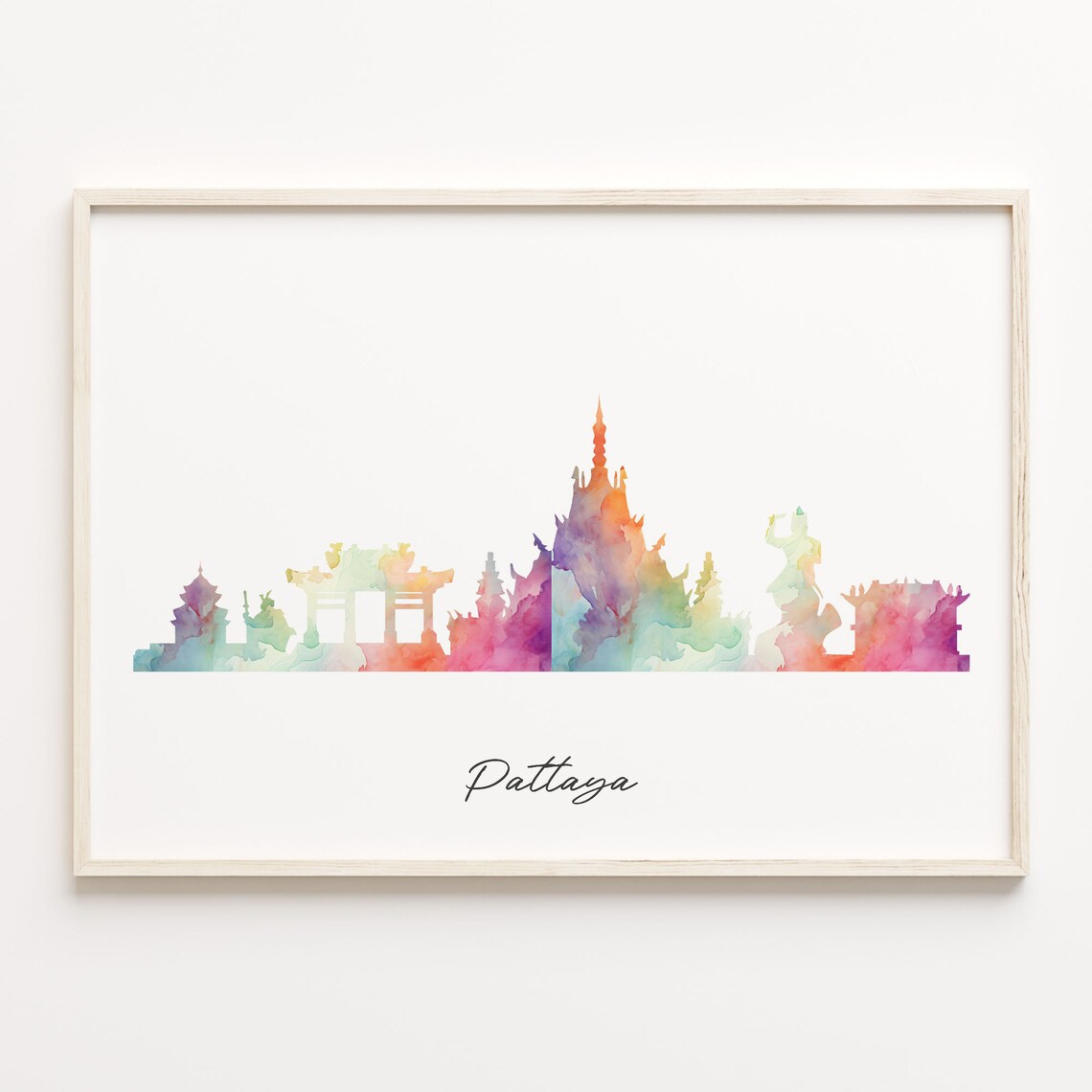 Pattaya Thailand Rainbow Watercolor Skyline Cityscape Travel Poster