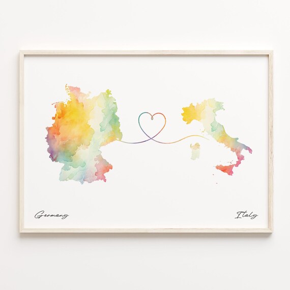 Germany to Italy Watercolor Heart Connection Couple Map Art Print