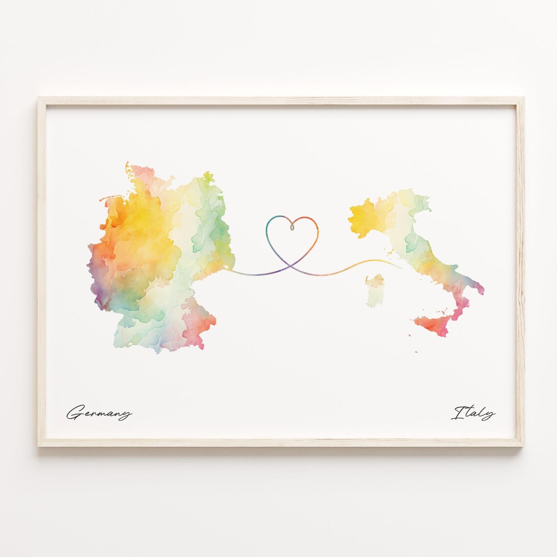 Germany to Italy Watercolor Heart Connection Couple Map Art Print