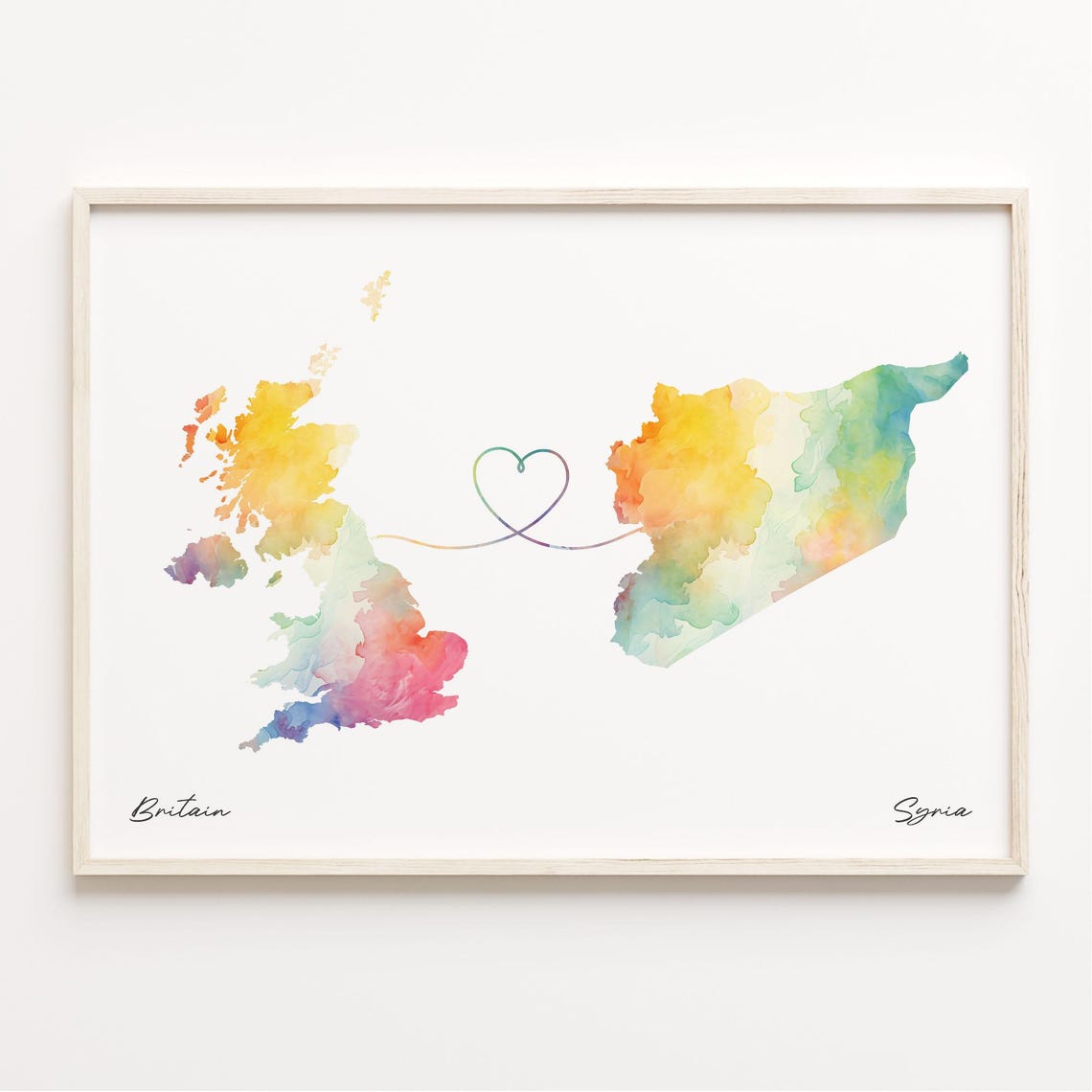Britain To Syria Watercolor Heart Connection Map Keepsake Poster