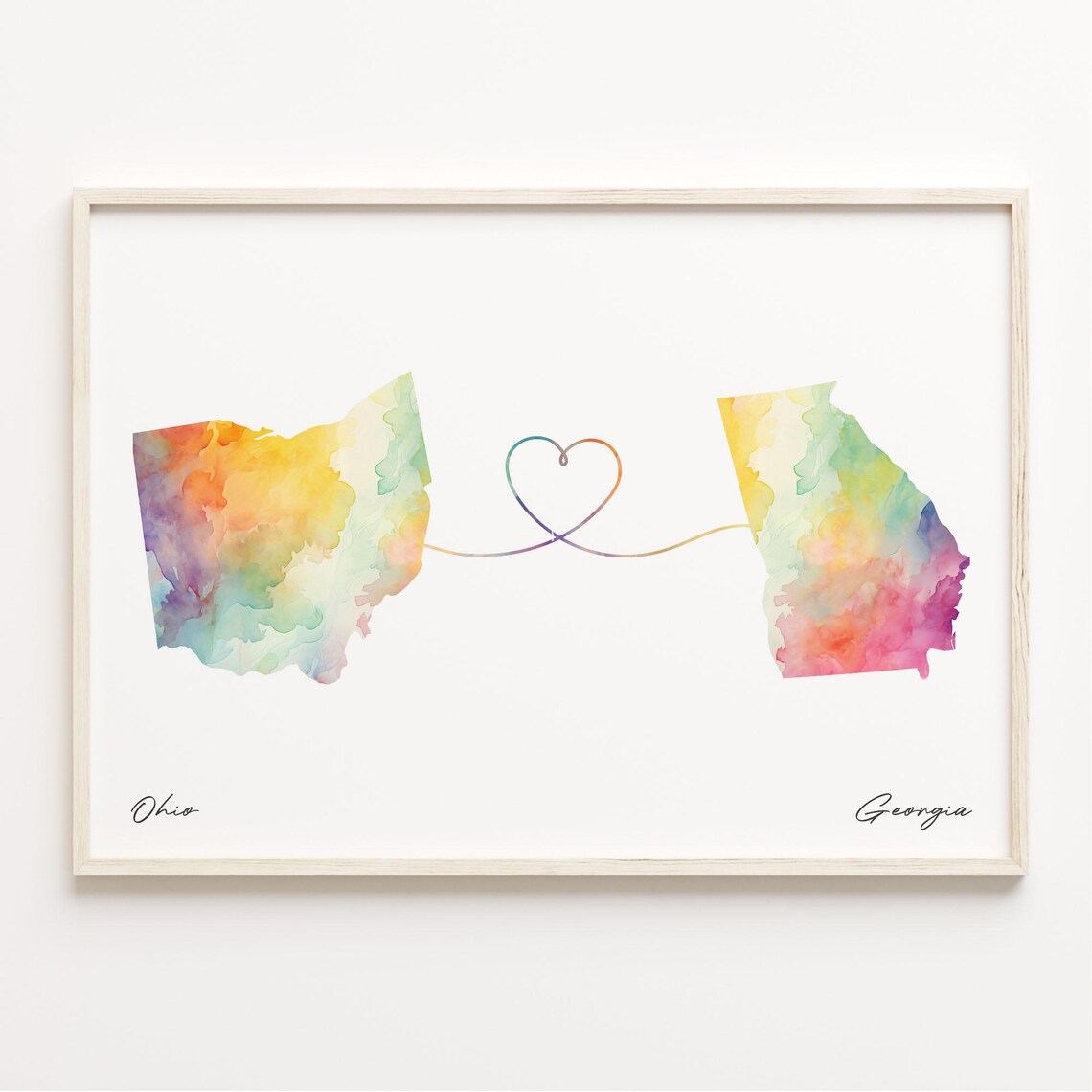 Ohio to Georgia Watercolor State Map Heart Connection Long Distance Love Print