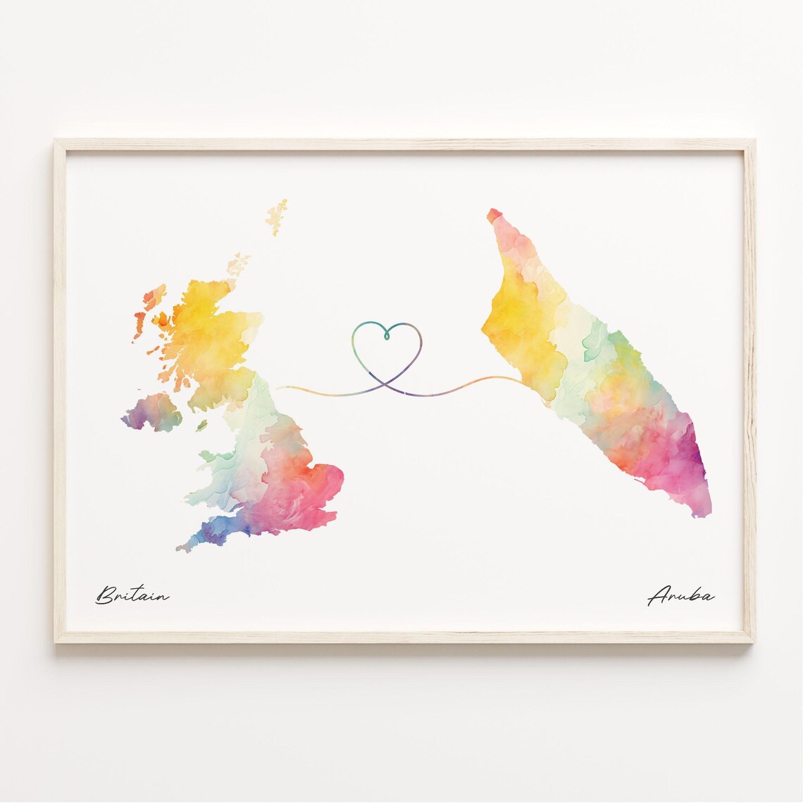 Britain To Aruba Watercolor Map Print With Heart Line Long Distance Gift