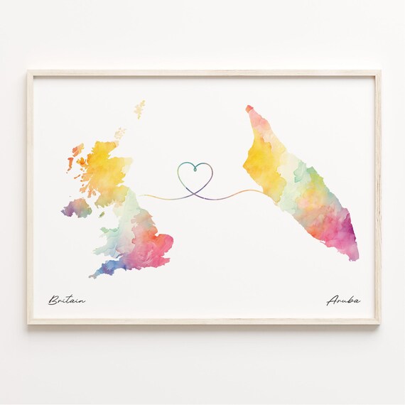 Britain To Aruba Watercolor Map Print With Heart Line Long Distance Gift