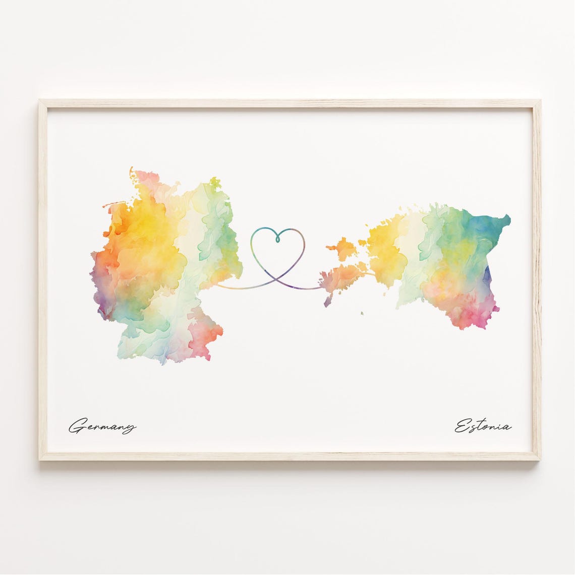 Germany to Estonia Romantic Watercolor Map Heart Connection Poster