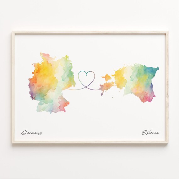 Germany to Estonia Romantic Watercolor Map Heart Connection Poster