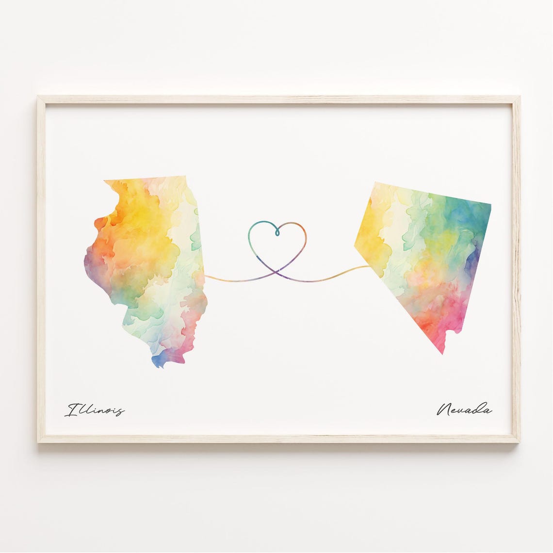 Illinois To Nevada Watercolor Map With Heart Love Line Poster