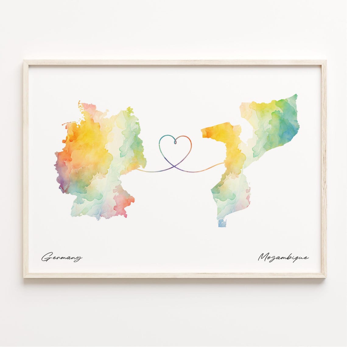 Germany To Mozambique Heart Loop Watercolor Map Couples Gift Poster