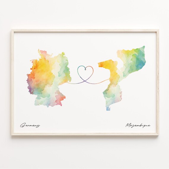 Germany To Mozambique Heart Loop Watercolor Map Couples Gift Poster