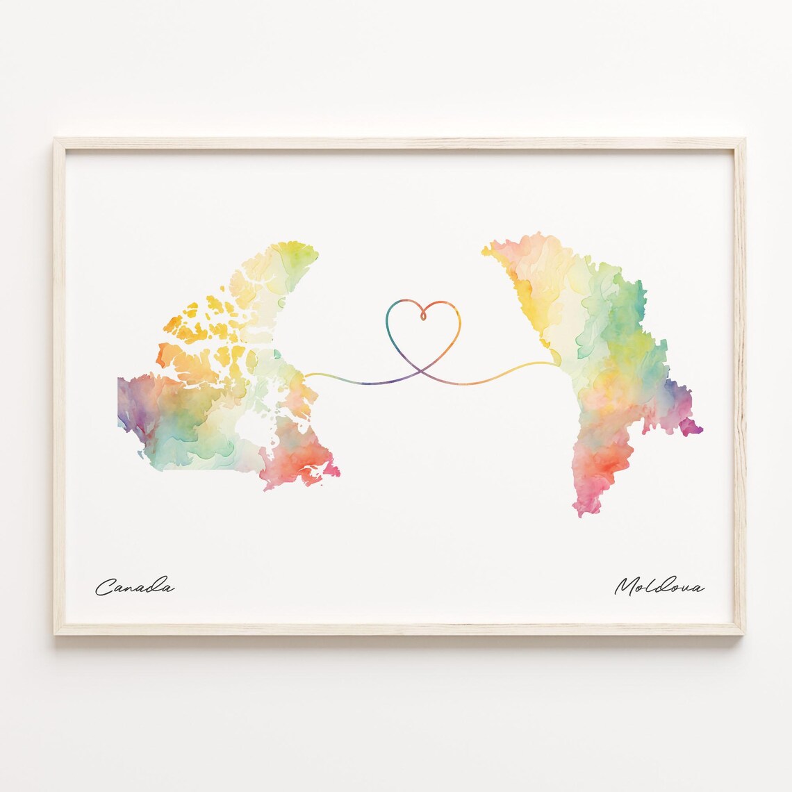 Canada To Moldova Watercolor Map Heart Connection Travel Poster