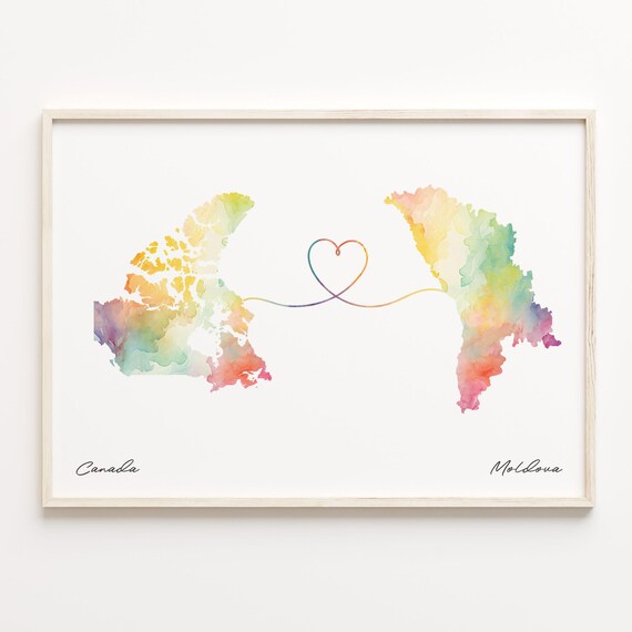 Canada To Moldova Watercolor Map Heart Connection Travel Poster