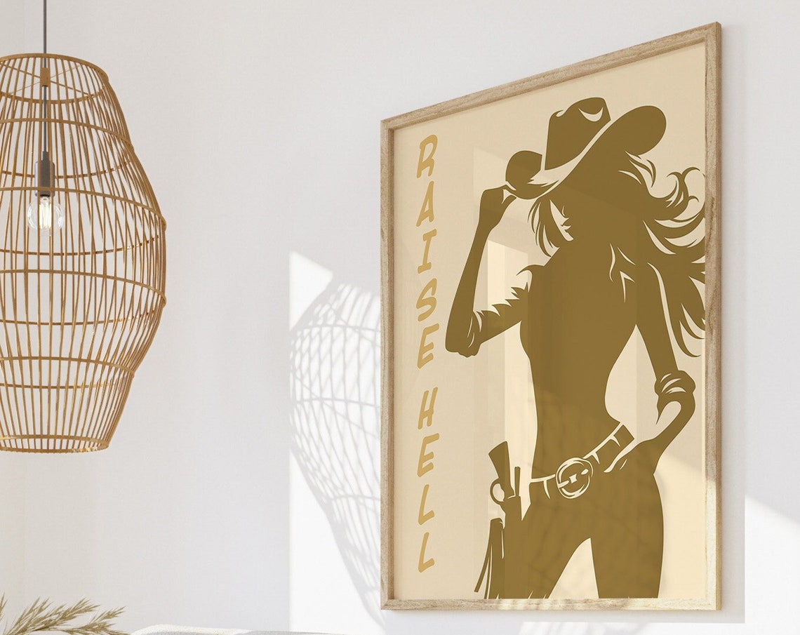 Raise Hell Cowgirl Silhouette Gold Vintage Western Art Poster