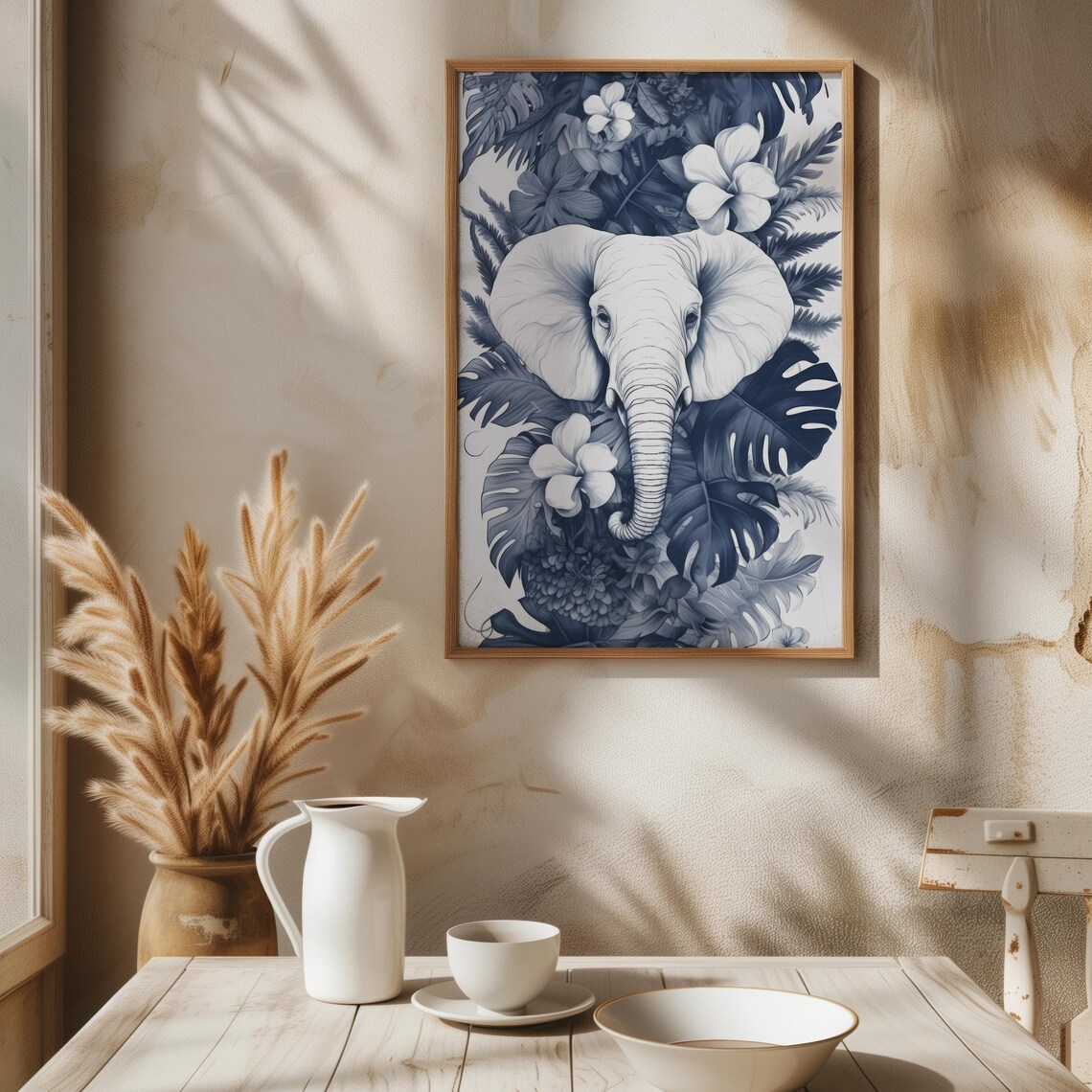 Monochrome Elephant Tropical Leaves Jungle Wildlife Safari Art Poster - Image 6