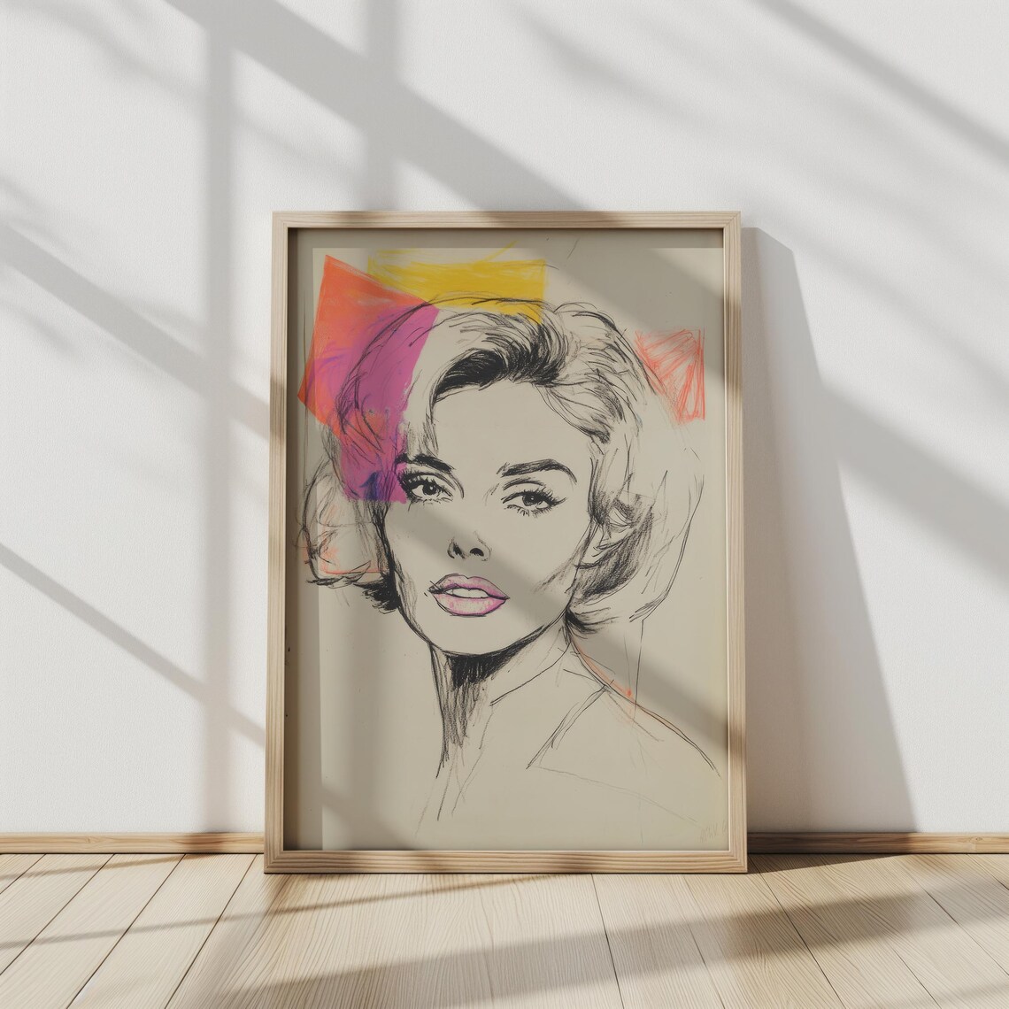 Retro Pop Art Woman Portrait Charcoal Sketch Neon Color Blocks Poster