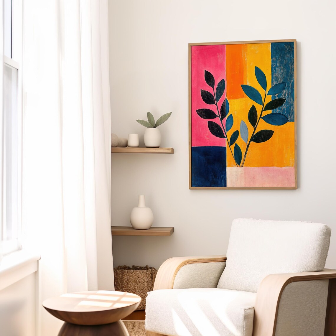 Colorblock Botanical Art Navy Leaves Pink Orange Blocks Poster - Image 2