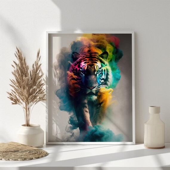 Majestic Tiger Rainbow Smoke Colorful Wild Animal Art Poster