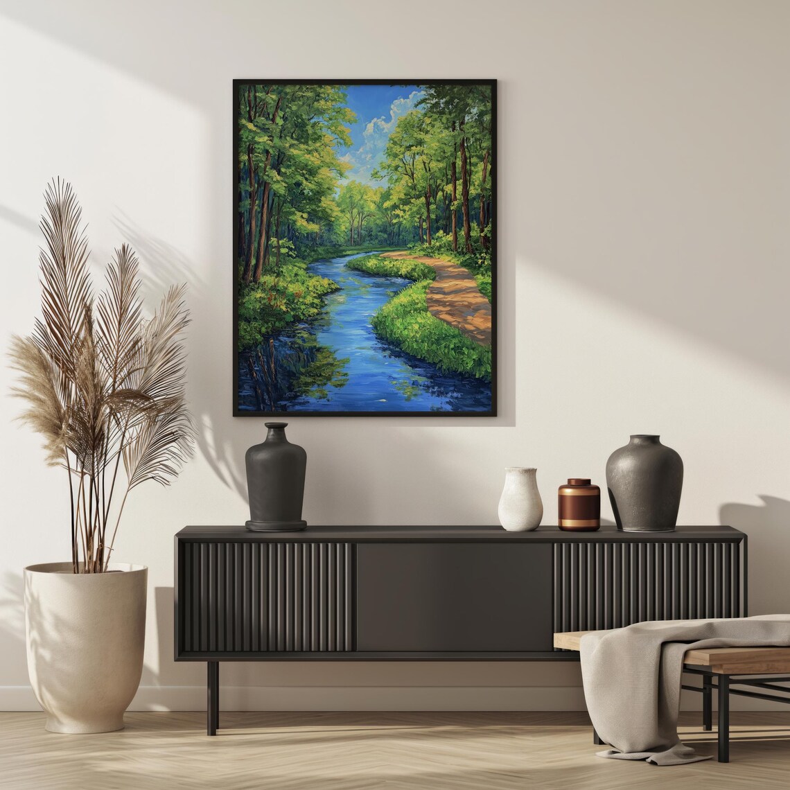 Serene Forest Stream Art Tranquil Nature Path With Lush Green Trees Peaceful Summer Landscape Wall Art Lush Forest - Image 6