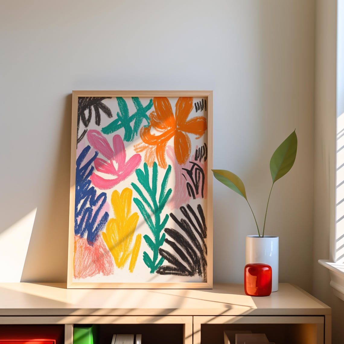 Tropical Botanical Abstract Colorful Crayon Leaves Flowers Poster - Image 7