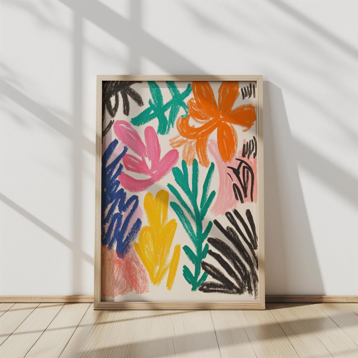 Tropical Botanical Abstract Colorful Crayon Leaves Flowers Poster