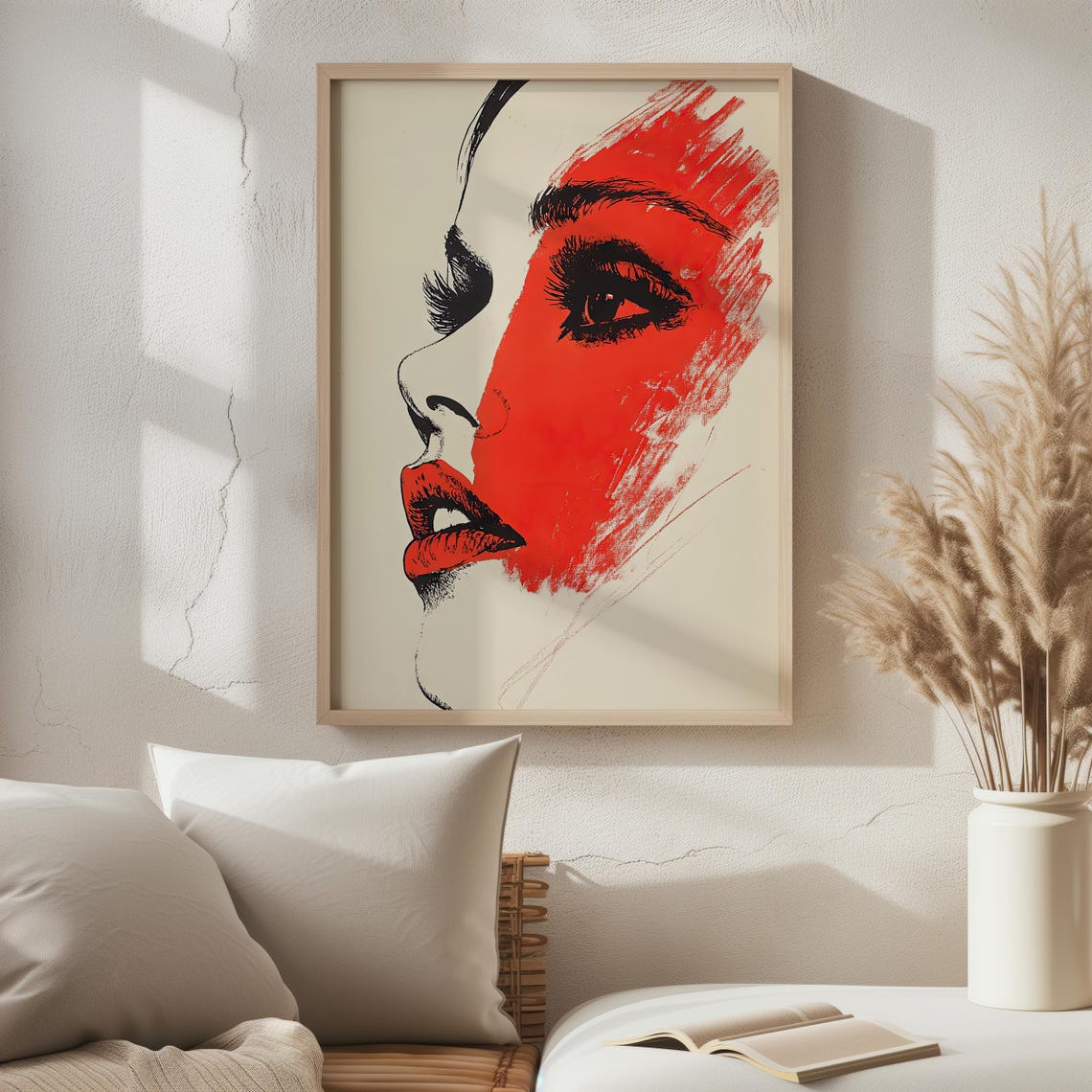 Bold Red Pop Art Female Profile Portrait Black Line Art Poster - Image 8