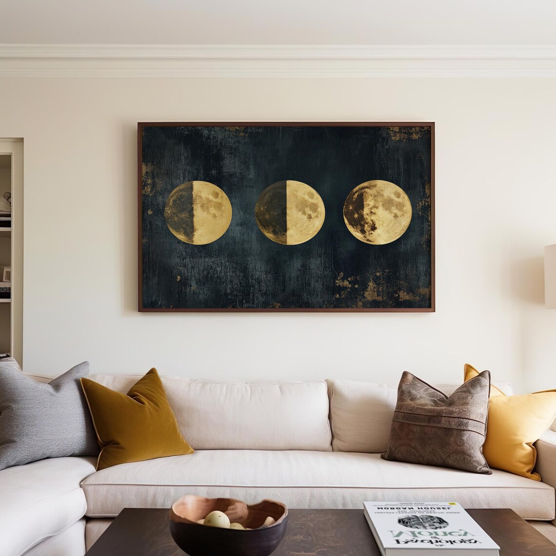 Golden Moon Phases Trio Celestial Lunar Wall Art On Dark Textured Print - Image 6