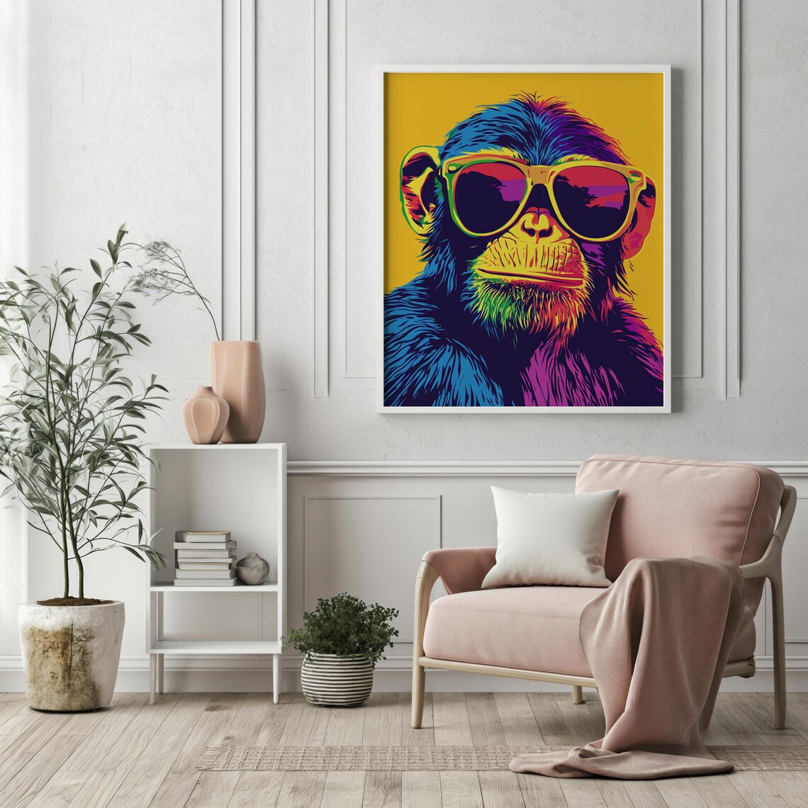 Vibrant Pop Art Monkey Neon Rainbow Fur Cool Sunglasses Yellow Wall Art - Image 4
