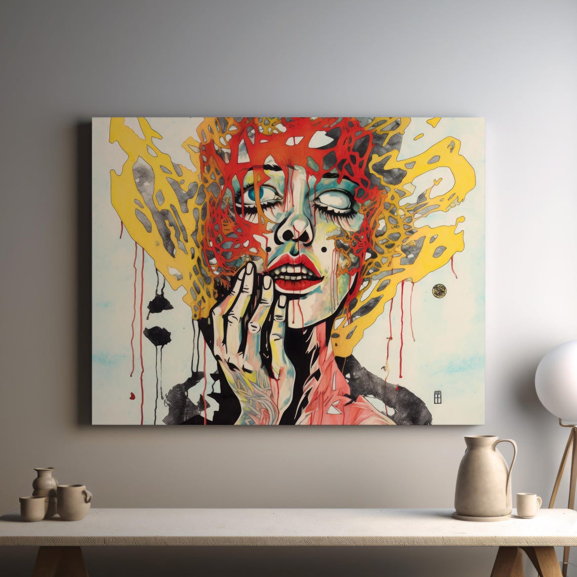 Surreal Melting Face Portrait Red Yellow Abstract Emotional Art Poster
