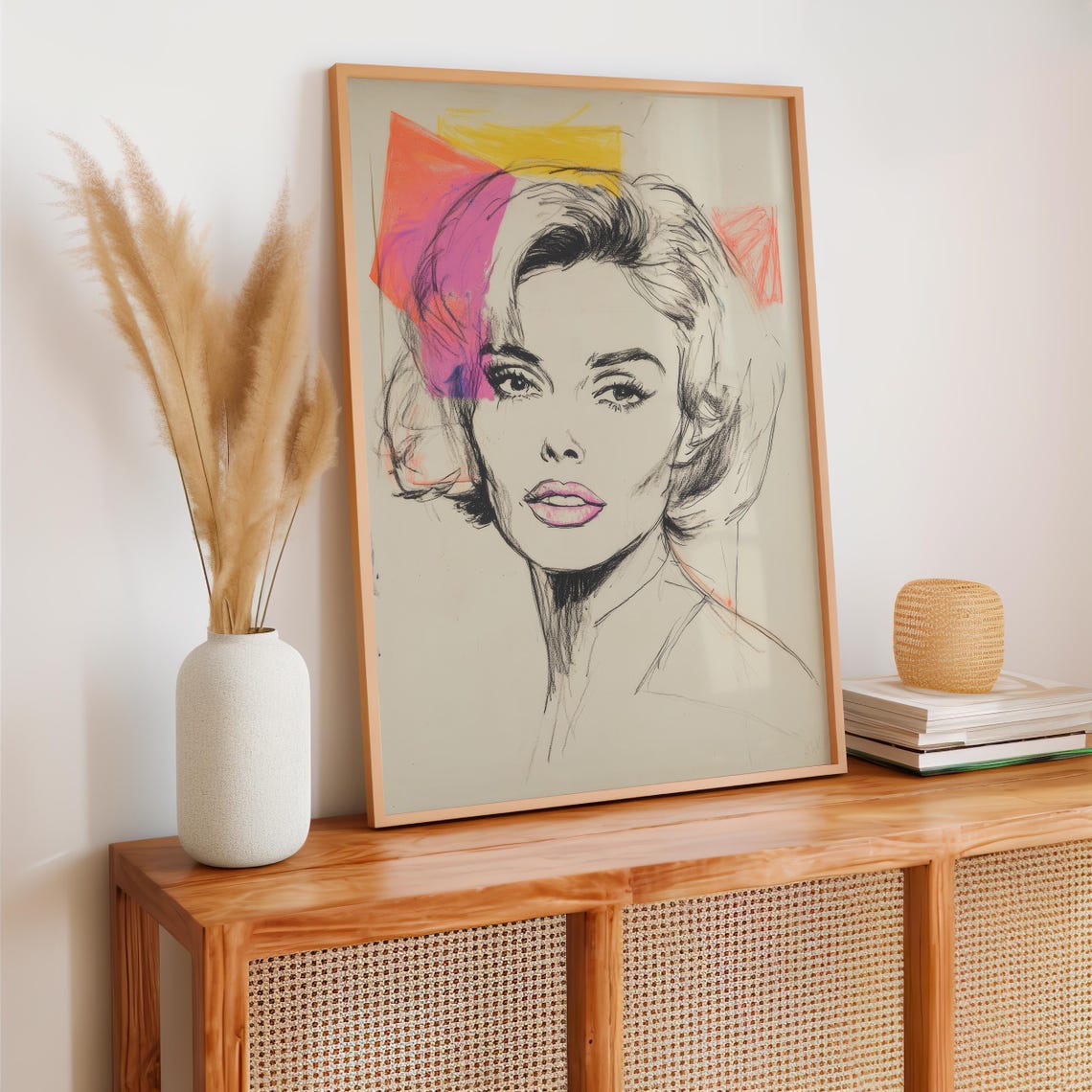 Retro Pop Art Woman Portrait Charcoal Sketch Neon Color Blocks Poster - Image 2