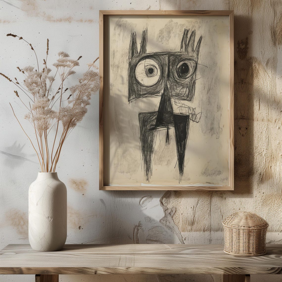 Primitive Cat Sketch Charcoal Big Eyes Abstract Animal Art Poster - Image 6