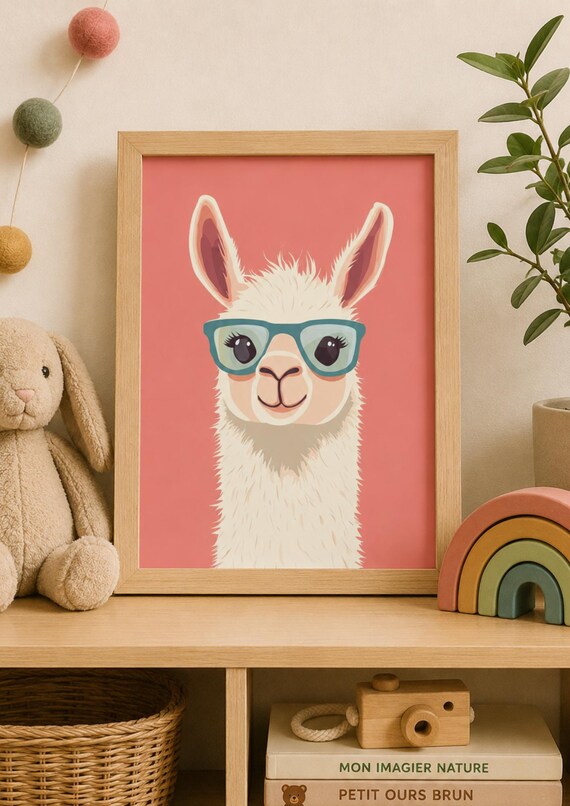 Cute Llama With Glasses Pink Kids Room Funny Animal Nursery Poster