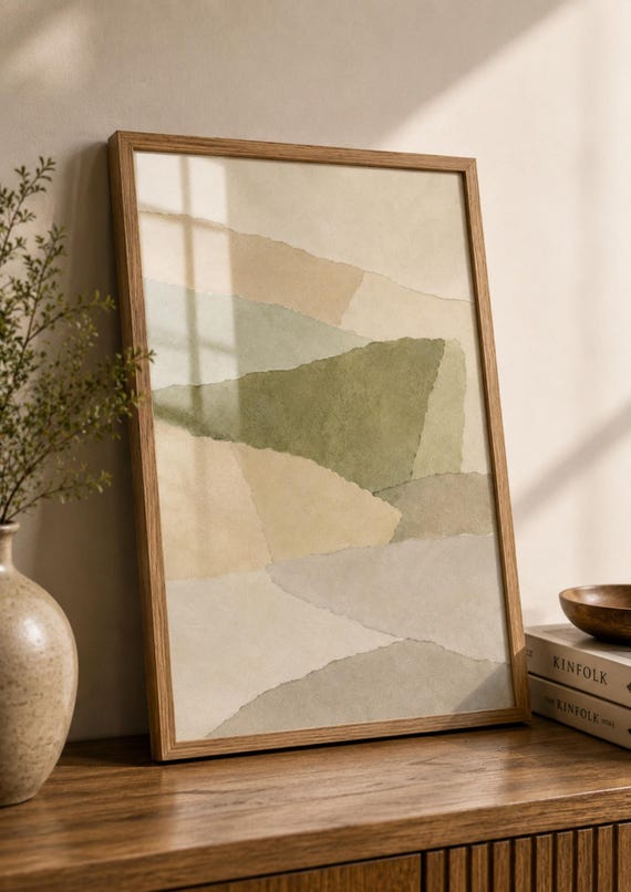 Abstract Landscape Wall Art Print Neutral Green Beige Poster Modern Minimalist Decor Scandinavian Living Room Artwork