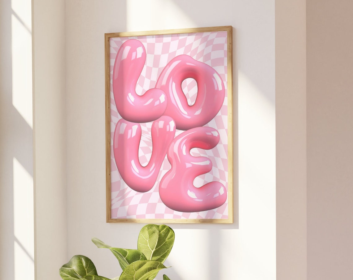 Pink Love Bubble Letters 3D Checkered Background Funky Y2K Poster - Image 3
