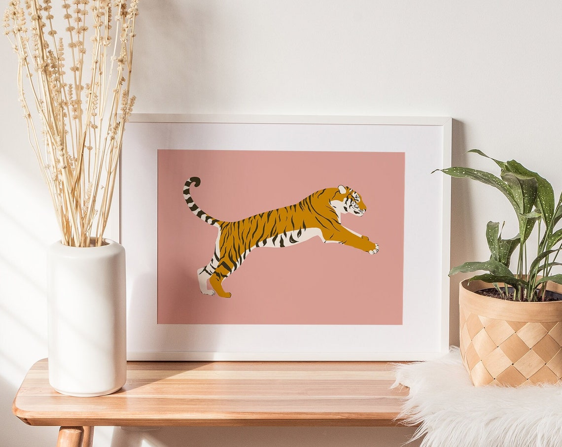 Abstract Pink Tiger Illustration Leaping Big Cat Jungle Poster - Image 2