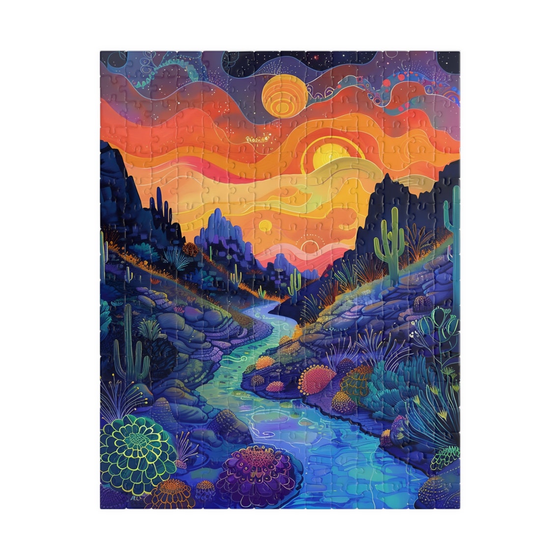 Psychedelic Desert Valley Sunset with Saguaro Cacti River Poster - Image 2