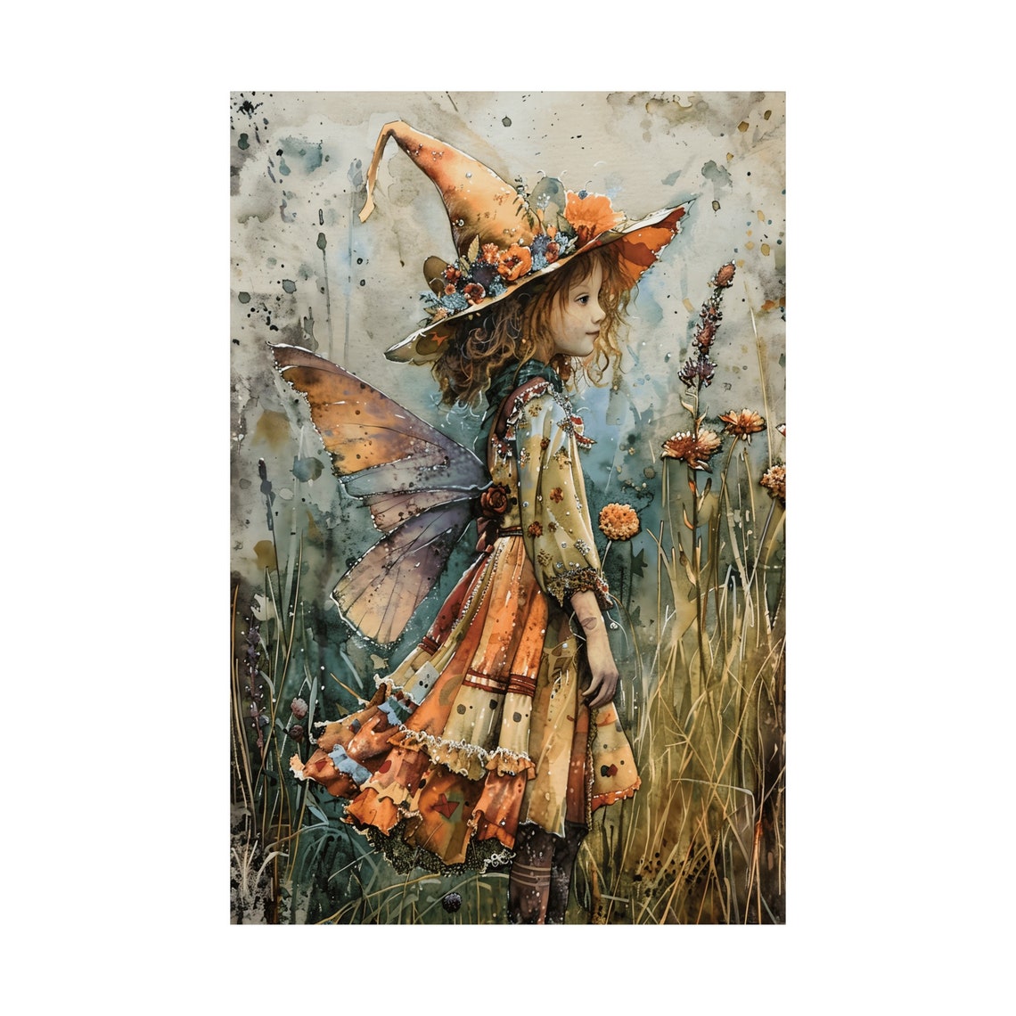 Fairy Witch Girl Floral Witch Hat Meadow Watercolor Art Poster - Image 3