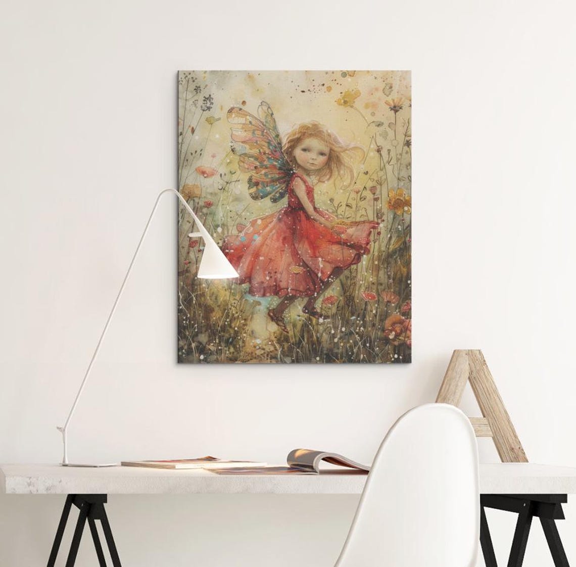 Little Fairy in a Red Dress Dancing in a Wildflower Meadow Poster