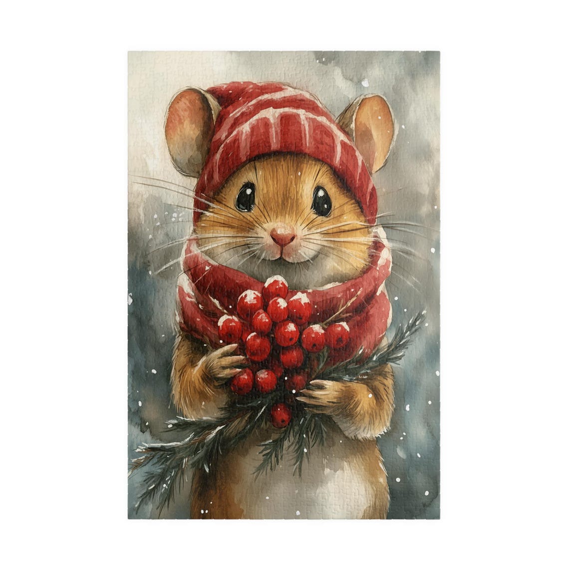 Cute Mouse In Red Knit Hat Holding Berries Jigsaw Puzzle Print - Image 3