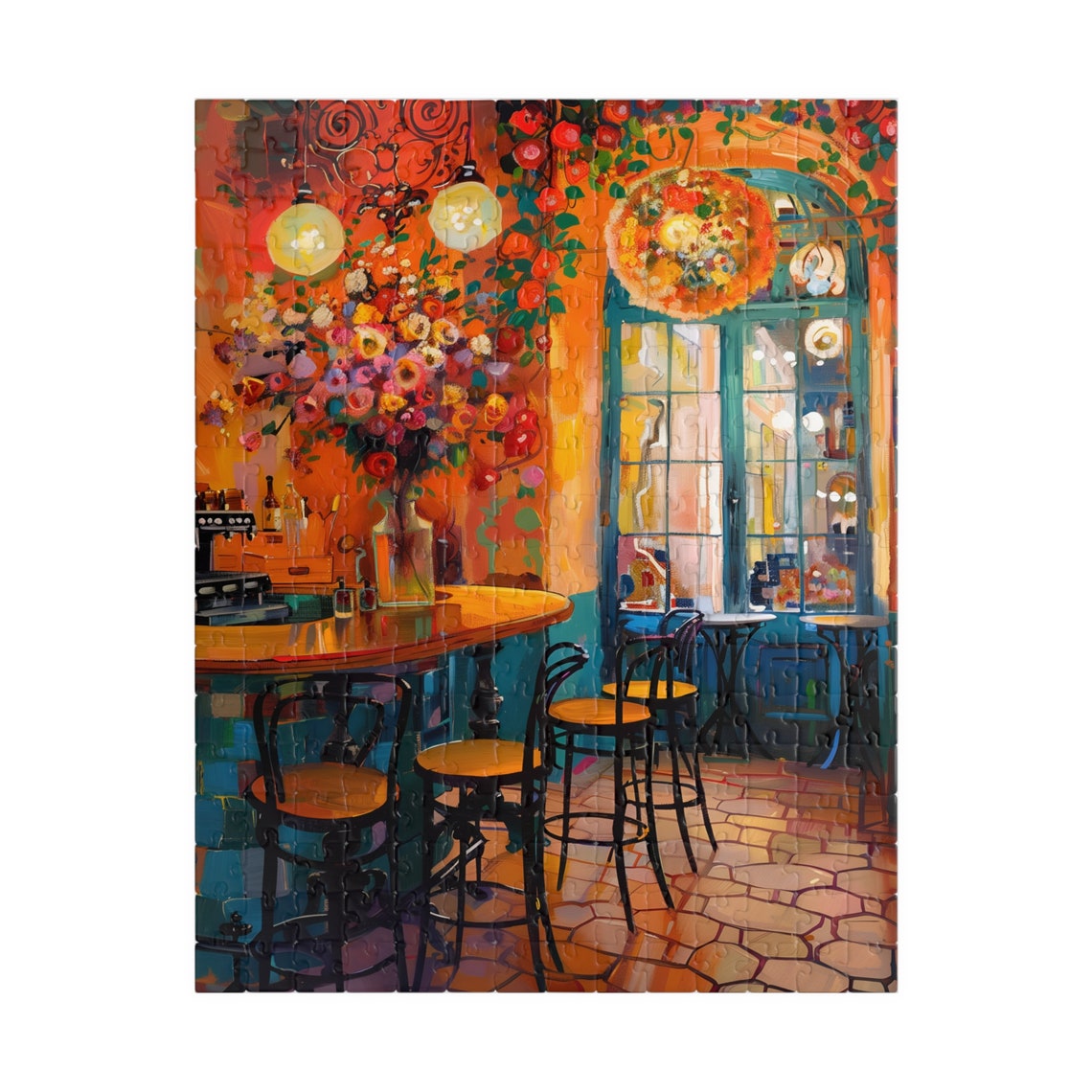Colorful Cafe Interior with Bar Stools Espresso Machine Art Poster - Image 2